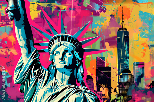 Pop art interpretation of the statue of liberty with new york city skyline