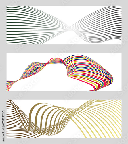 Wavy lines or ribbons. Set of 3 backgrounds. Multicolored striped gradient. Creative unusual background with abstract gradient wave lines to create a trendy banner, poster. vector eps