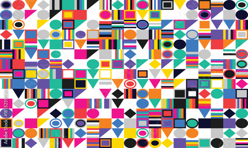 Abstract Geometric Pattern with Vibrant Colors and Diverse Shapes - A Visual Symphony of Circles, Squares, and Triangles