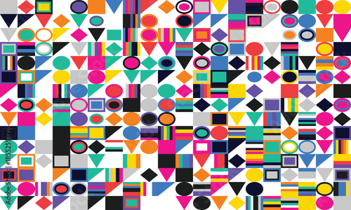 Vibrant geometric pattern with diverse colorful shapes and abstract design creating a visually stimulating and energetic composition
