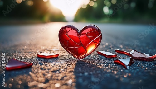 a broken red heart on the asphalt a glass heart broken into small pieces bokeh background