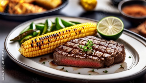 a delicious steak dish paired with grilled corn and lime showcasing a vibrant food presentation