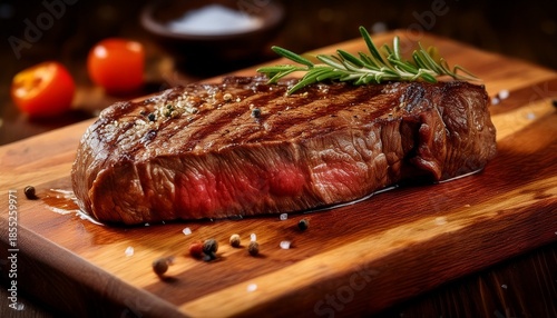 a juicy steak resting on a wooden chopping board showcasing high quality detail and vibrant colors