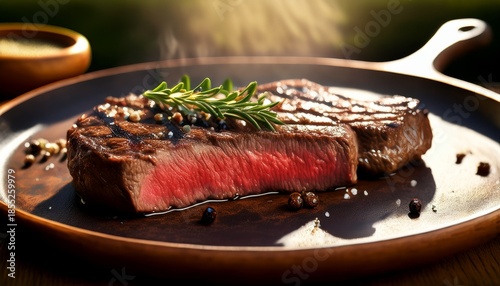 a medium rare steak beautifully illuminated by natural sunlight captured in high fidelity for food enthusiasts