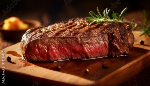 a medium rare steak illuminated by natural sunlight showcasing texture and color in high fidelity