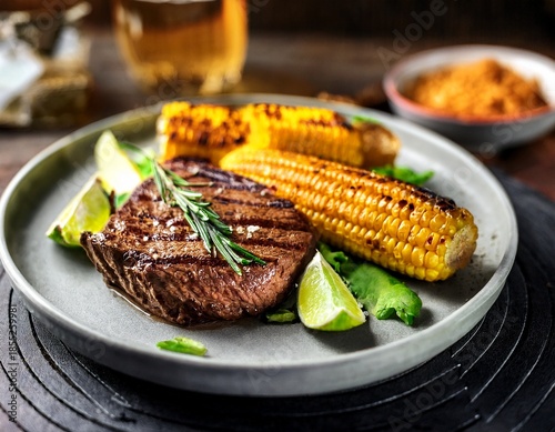 a delicious steak dish paired with grilled corn and lime showcasing vibrant colors and textures