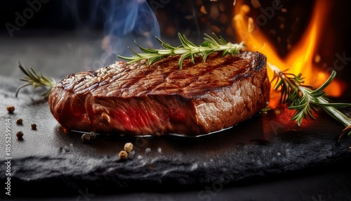 a delicious steak served on a sizzling hot stone platter showcasing vibrant colors and textures in high fidelity