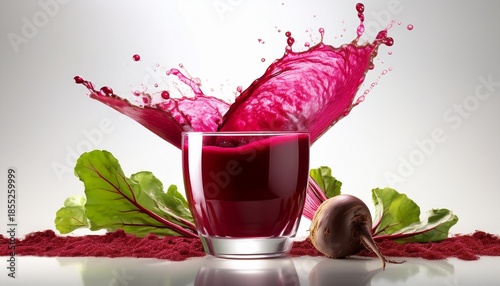 beet root juice splash from glass on plain white background