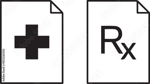 simple minimalist line vector icon of a piece of paper with a cross or Rx symbol on white background