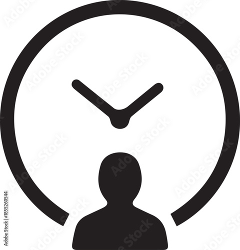 simple minimalist silhouette vector icon of a clock face with a person on white background