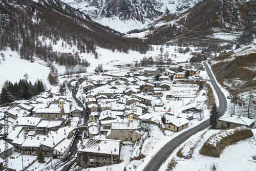 Aerial view of Chianale during winter season, a typical alpine village in Piedmont region, Italy