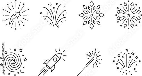 A collection of simple line art icons depicting various fireworks and celebratory designs