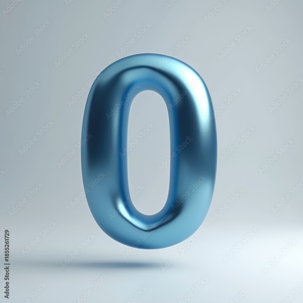 Obraz premium Shiny blue three dimensional number zero floats on light grey background. This graphic digit represents start, null value or empty set in math or data.