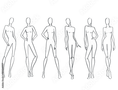 Set of female fashion model croqui templates. Vector collection of six different women's body silhouettes in standard runway and posing stances, drawn in a clean, black and white line art style