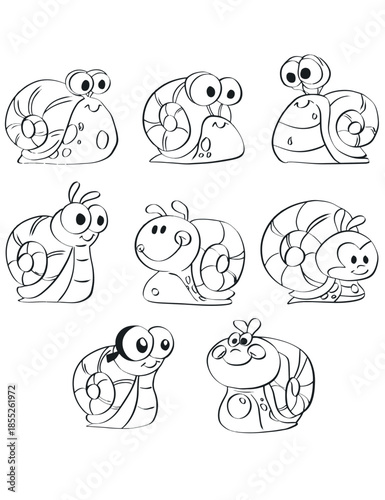 Set of cute cartoon snails for coloring book. Vector collection of eight different happy and funny snail characters with big eyes and spiral shells, drawn in a black and white outline sketch style.