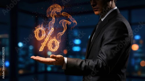 Businessman’s Hand with Fire Percent Sign. Business Concept of Growth, Finance, Investment, and Hot Offer