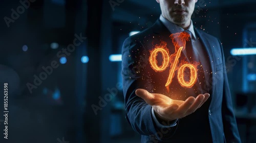 Businessman’s Hand with Fire Percent Sign. Business Concept of Growth, Finance, Investment, and Hot Offer