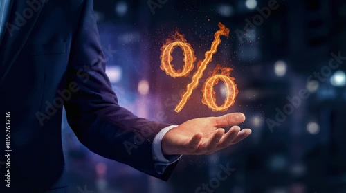Businessman’s Hand with Fire Percent Sign. Business Concept of Growth, Finance, Investment, and Hot Offer