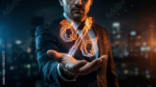 Businessman’s Hand with Fire Percent Sign. Business Concept of Growth, Finance, Investment, and Hot Offer