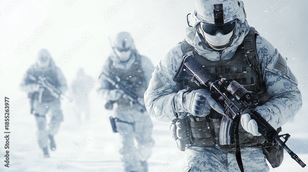 Naklejka premium Soldiers advance through blinding snowstorm, lead figure sharp in focus, difficult conditions of the far north, the Arctic, Antarctica.