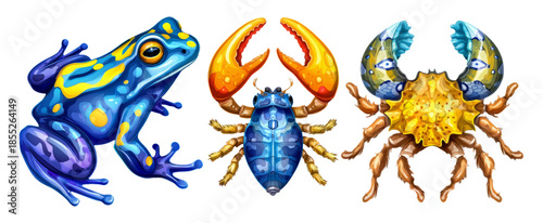 Colorful Frog, Artistic Crab, and Vibrant Lobster Representing Bold Survival Strategies