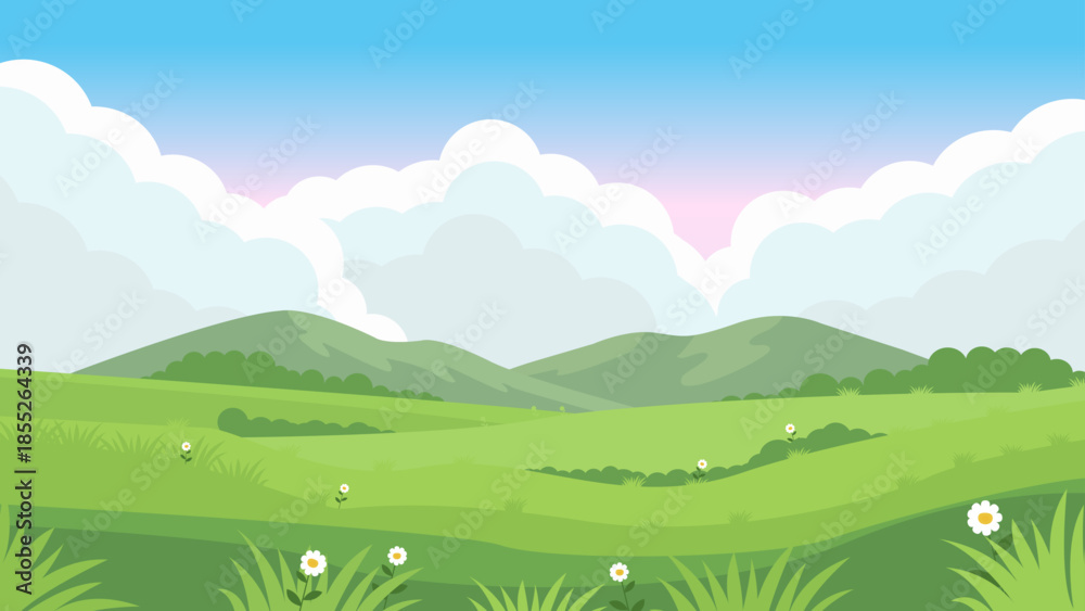 Fototapeta premium Spring Season Landscape, Green Field, Forest and Mountains under Cloudy Sky – 2D Vector Illustration