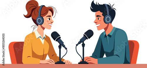 A business woman talking with a male, podcast hosts sitting