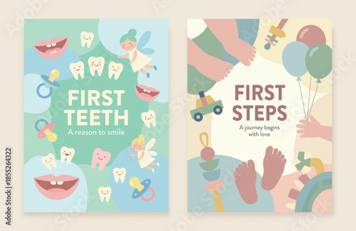 Baby First Teeth and First Steps Milestone Cards Vector Illustration