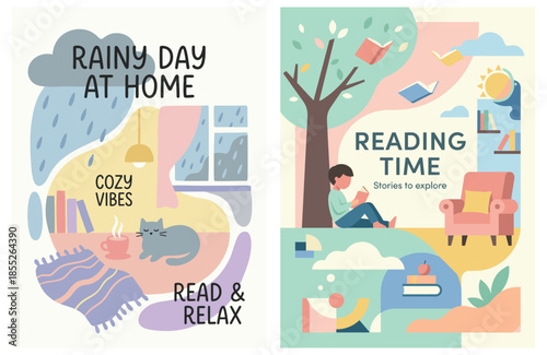 Cozy Reading Time and Rainy Day Vector Illustrations