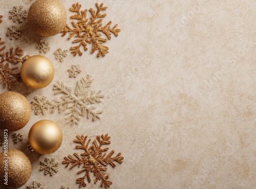 beige christmas background with golden decorations and snowflakes