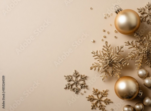 beige christmas background with golden decorations and snowflakes