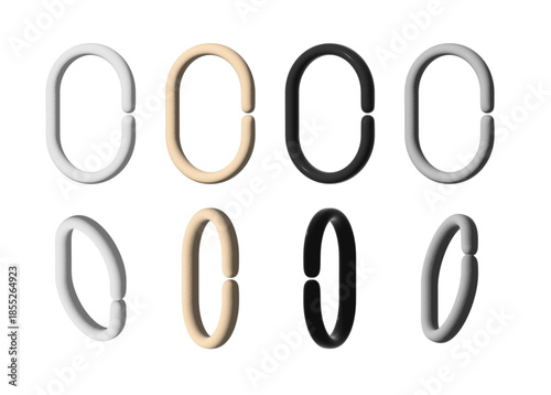 Set of 3D c-shaped plastic white, black, beige and grey rings for bathroom curtains. Silicone hooks for bathroom curtains set. Vector illustration isolated for product design, infographics.