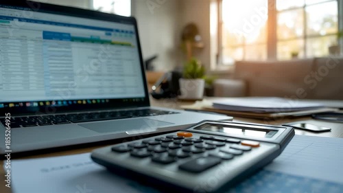Financial workspace with laptop displaying spreadsheet and calculator on desk in warm daylight creating focused accounting and business analysis scene