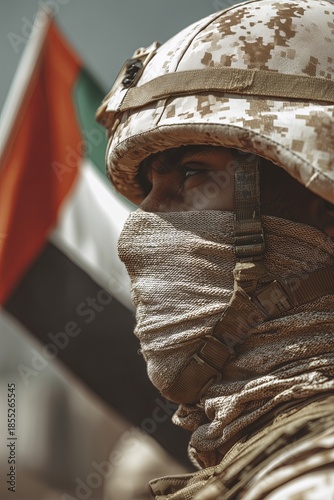 A soldier in desert camo stands before the UAE flag, stealthy and symbolic. The image reflects military service, national pride, and regional identity.