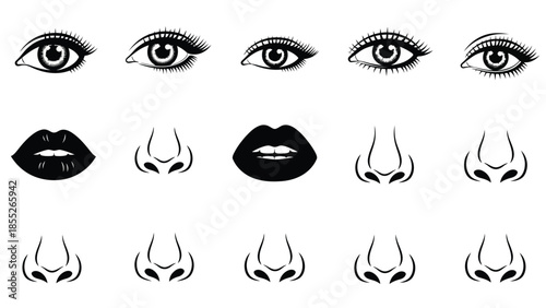 A collection of black and white illustrations depicting eyes lips and noses