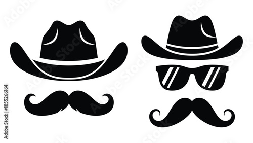 Stylized cowboy hats and mustaches in a bold black and white design