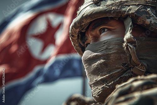 A soldier in camouflage stands before North Korea flag, face partially covered. The intense setting conveys military readiness and national identity