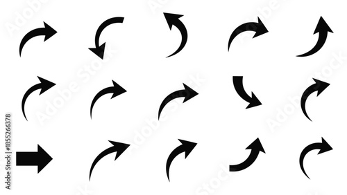 Collection of diverse black curved and straight directional arrows on white background