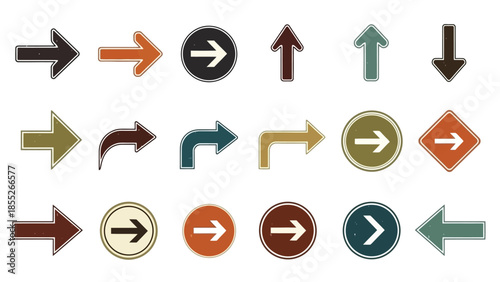 A collection of vintage style directional arrow icons in various shapes