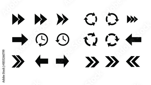 Collection of black arrow and circular rotation symbols on a white background