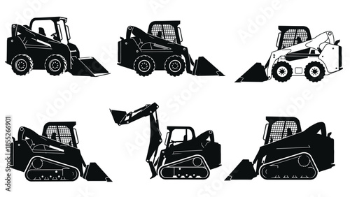 Illustrations of various skid steer loaders and compact track loaders in black and white