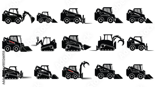 Various views of compact track loaders and skid steer loaders in black