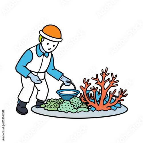 Illustration of a person working on coral reef restoration in a marine environment with tools in hand during daylight