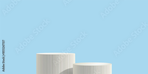 White poduim on sky blue bg, two ribbed pillar 3d column. Product marble stand, Light platform. Elegant pedestal, pastel cosmetic display. Museum stage exhibition, luxury abstract classic base set