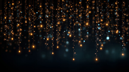 Overlay featuring glowing fairy lights on a black background creating a magical ambiance perfect for festive designs and creative projects with copy space