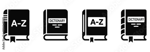 Collection of dictionary and reference book icons illustrating knowledge and learning