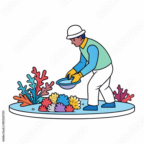 Worker collects colorful corals in a marine conservation effort at a tropical location during daylight hours