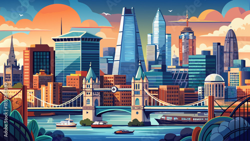Very beautiful wide view of London’s financial district combined with Tower Bridge, capturing the contrast between historic landmarks and modern urban development along the River Thames.