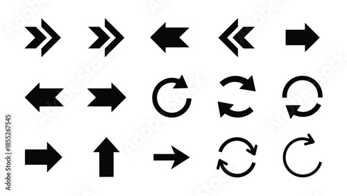 Collection of black arrow and circular direction icons on a white background