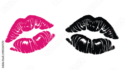 Two bold lip prints one pink and one black on a white background